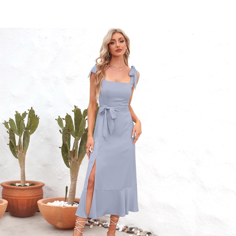 Chic Light Blue Midi Dress with tie Bow Straps